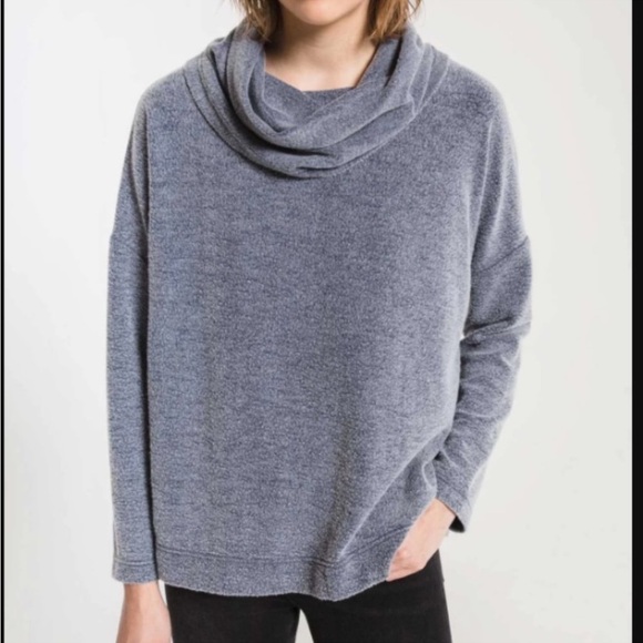 Z Supply | NWT Black Iris Fleece Scallop Breakaway Back Cowl Neck Sweater Top S - Picture 1 of 4